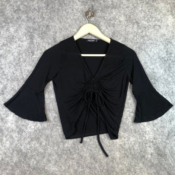 Nasty Gal Tops - Nasty Gal Top 0 Tie Front Cinched Ruched Flounced Sleeve Crop Flare Jersey Knit